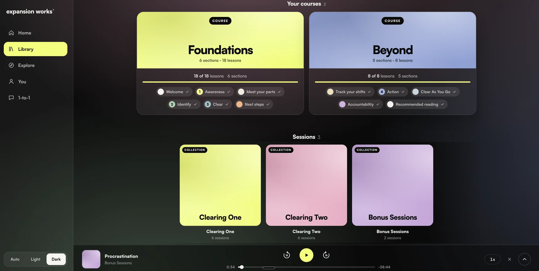 The expansion works app on a laptop: Foundations, Beyond, Clearing One, Clearing Two and the Bonus Sessions in your library