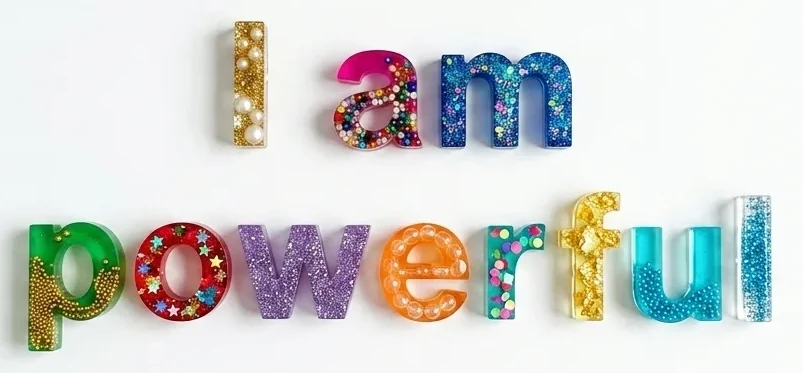 Do affirmations work: the words i am powerful spelled in colourful handmade resin letters