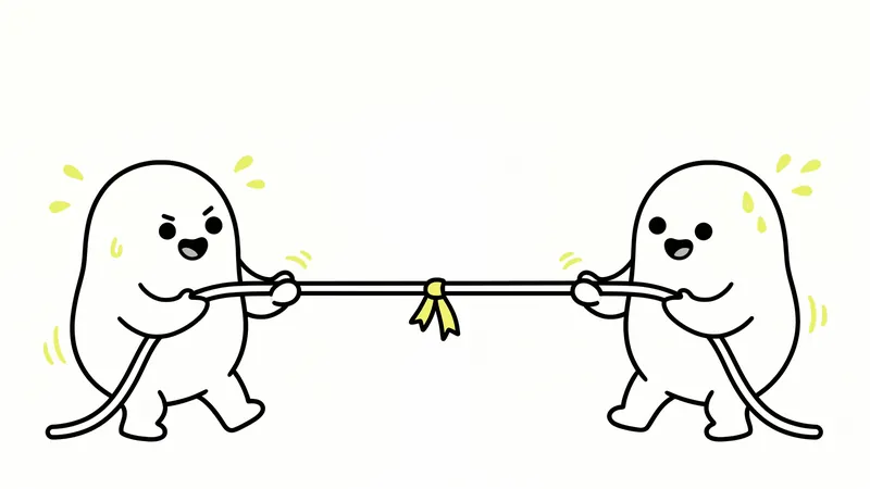Two parts in a tug of war, pulling a rope with a yellow ribbon tied in the middle