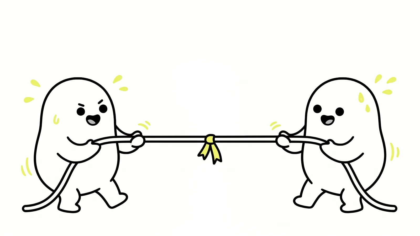 Two parts in a tug of war, pulling a rope with a yellow ribbon tied in the middle