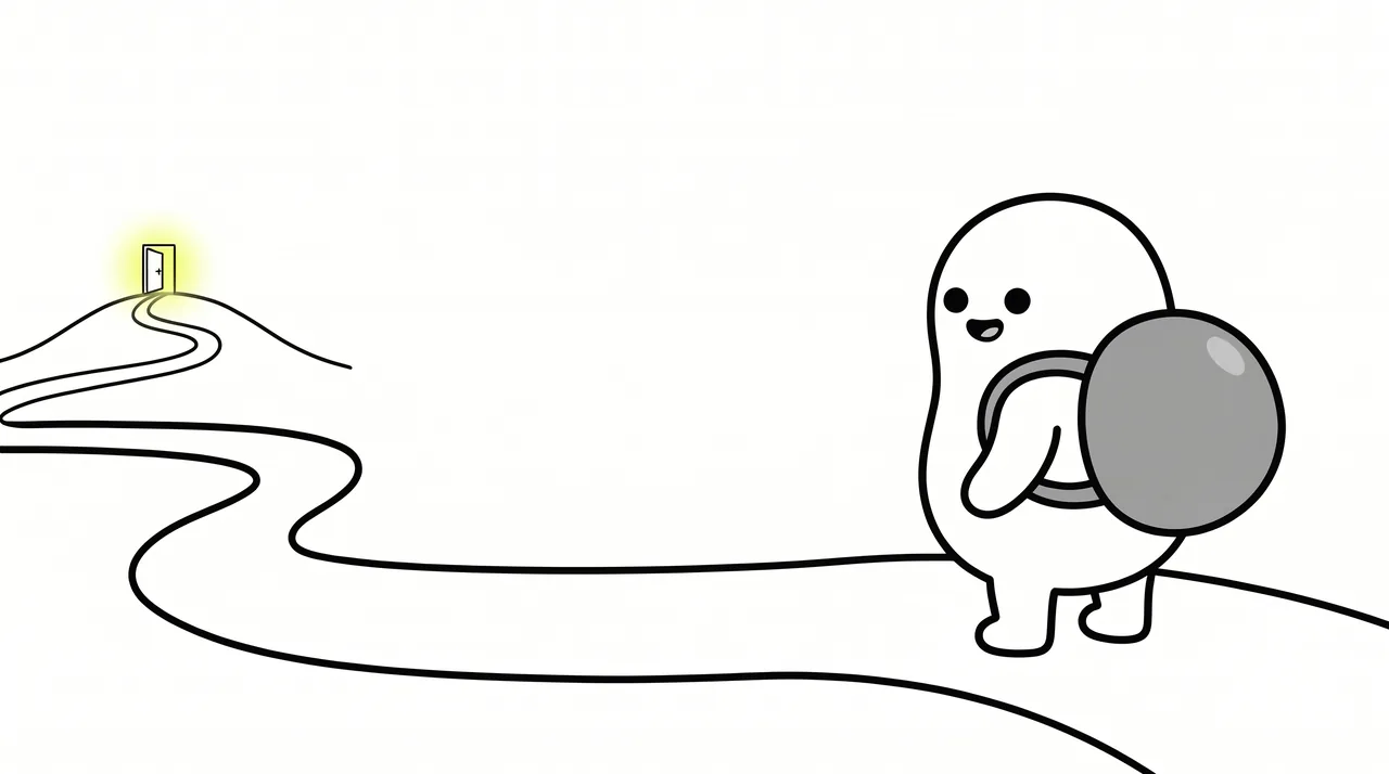 A part walking a winding path toward a glowing open door, carrying a heavy round weight
