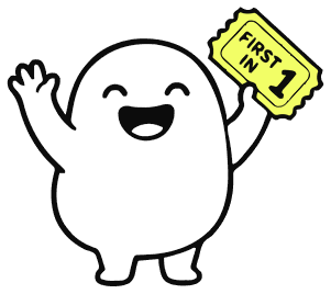 A part waving hello, holding a golden first-in ticket