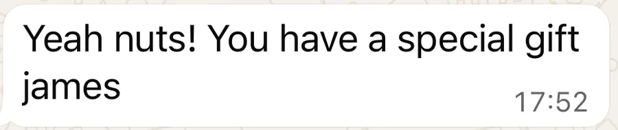 A WhatsApp message: Yeah nuts! You have a special gift James.